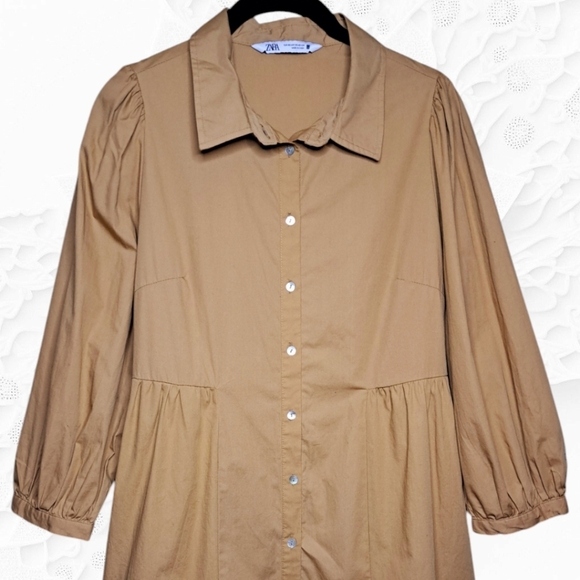 Zara Tan Collared Dress With Buttons Down Front - Picture 5 of 11